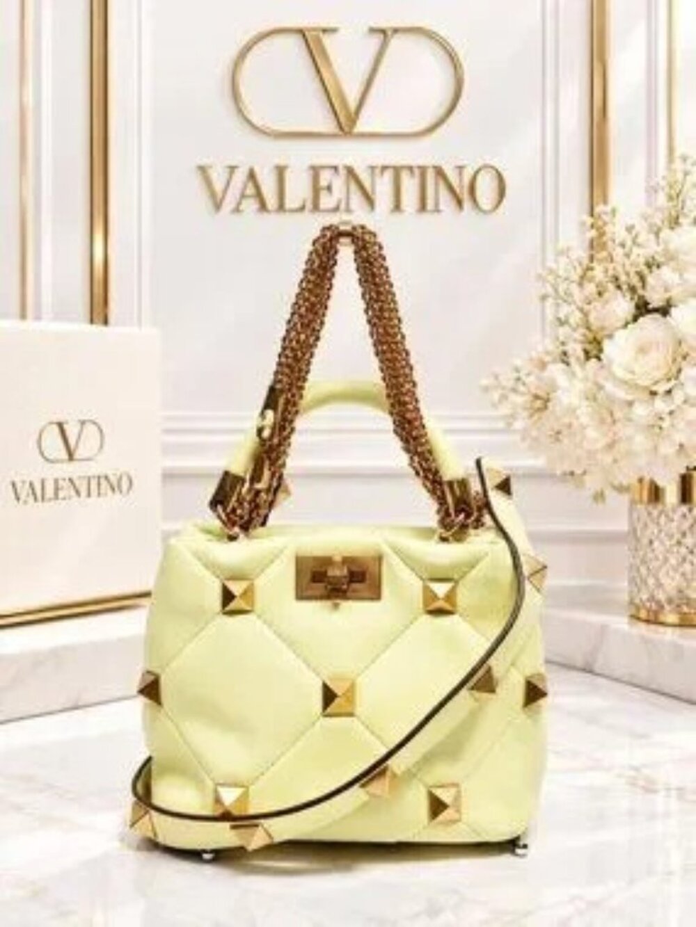 Authentic Valentino Garavani Roman Stud Style Yellow Quilted Chain Shoulder Bag